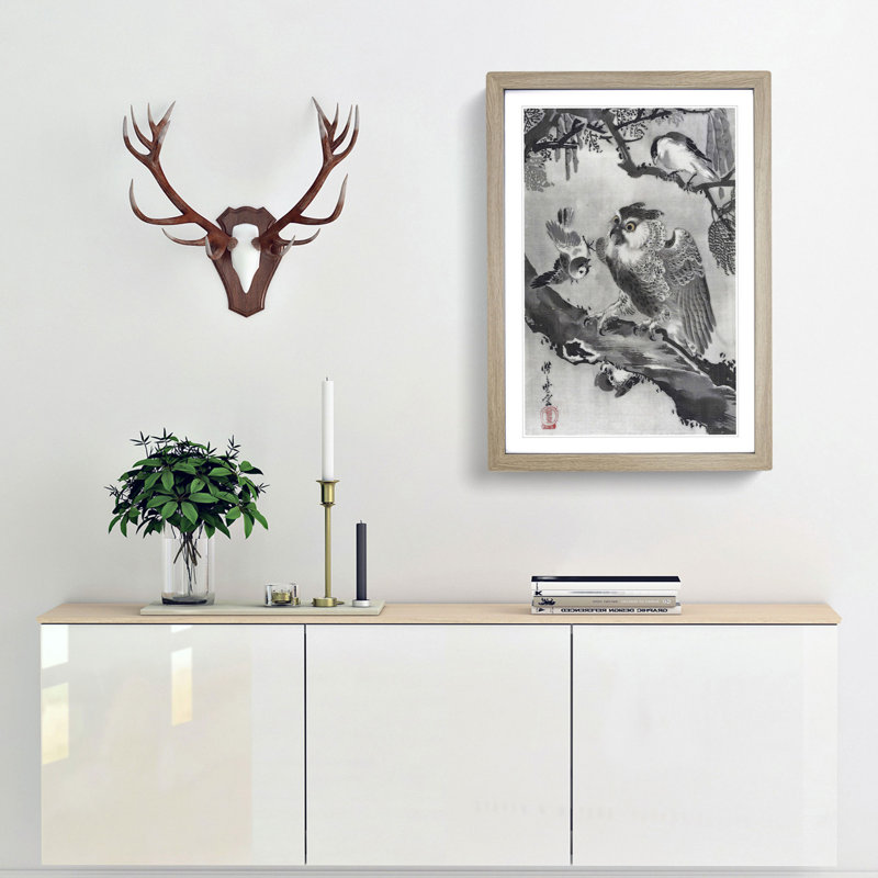Birds with an Owl by Kawanabe Kyosai - Picture Frame Painting Print, 65cm H x 48cm W x 2cm D, Oak Framed