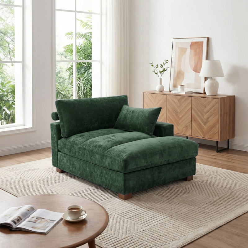 Chaise longue surdimensionnée rembourrée en chenille verte avec accoudoirs et coussins décoratifs, Vert