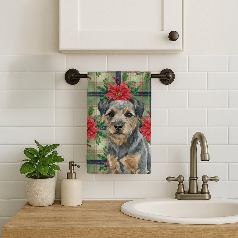 Blue and Tan Border Terrier Christmas PoinsettIas Kitchen Towel, Blue/Tan Border Terrier