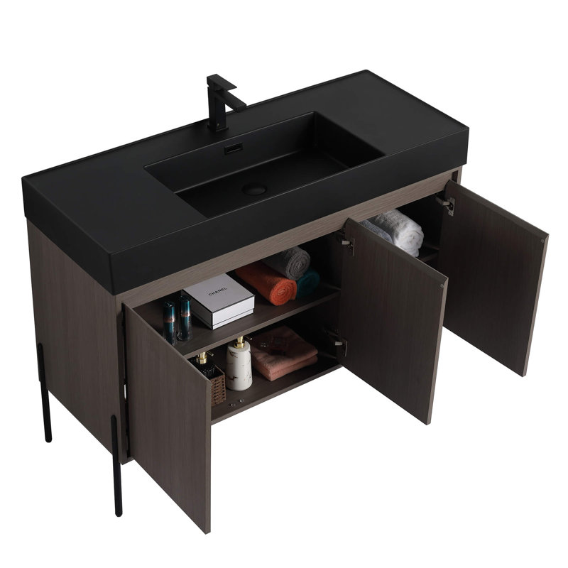 Meuble-lavabo Yordana de 48 po de largeur Ebern Designs, Chêne gris, Noir, noir, noir, noir