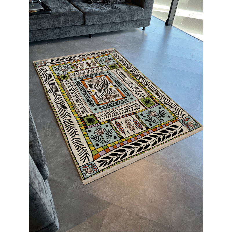 Multi-Colored Mixed Abstract Flower Patterned Fringed Modern Decorative Rug, Rectangle 4'11.06" x 9'10.11"