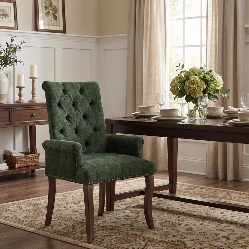 Fauteuil de salle à manger d'appoint élégant, capitonné, en tissu chenille, avec pieds en bois massif courbés., Vert olive