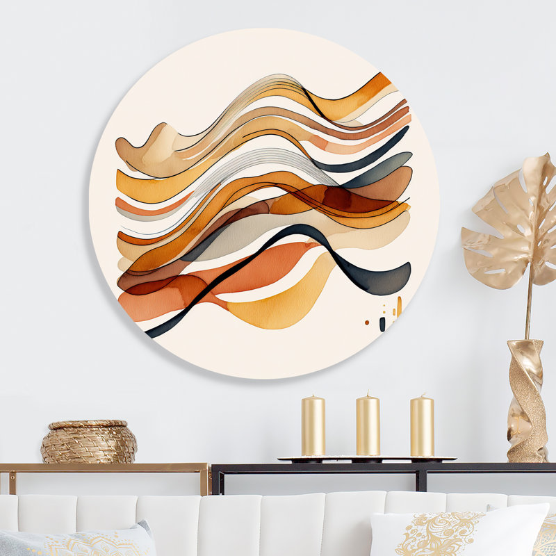 «Burnt Orange Waves Abstract VI - Abstract Spirals», art mural rond sur métal, L 23 po x H 23 po