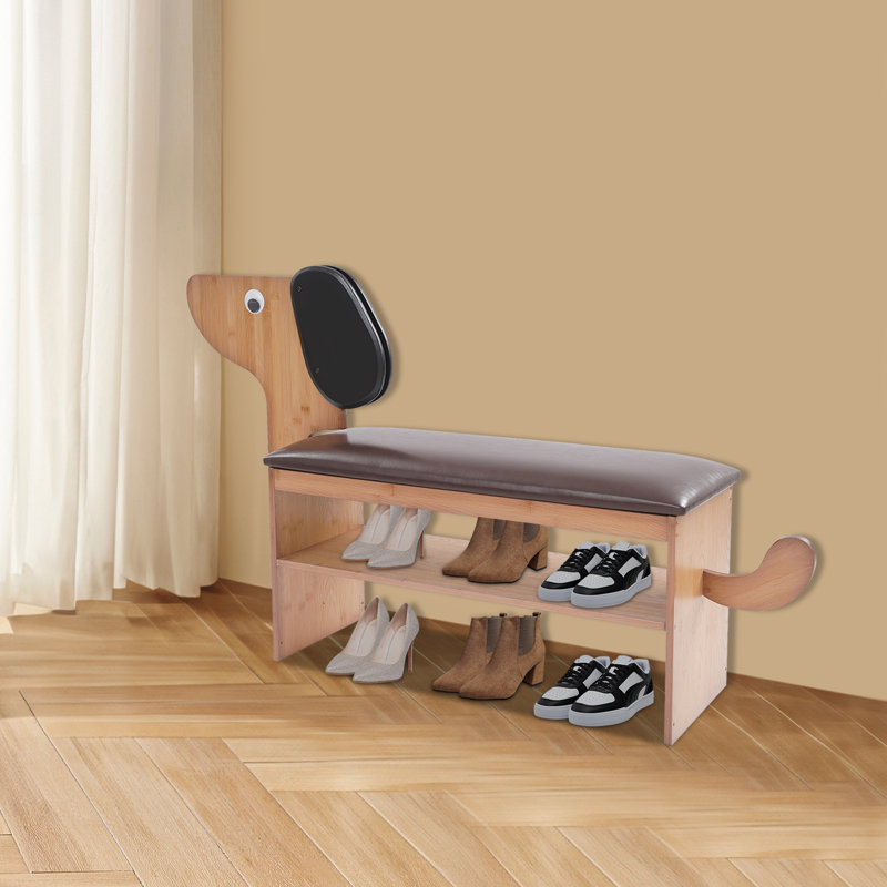 2 Tiers Cute Dog Entryway Bamboo Bench Elegant Rectangular Shoe Rack Bench With Cushion, Brown