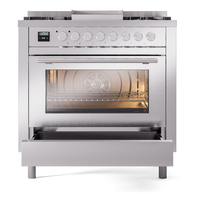 Cuisinière à double combustible 36 ILVE Professional Plus II, 6 brûleurs scellés, plaque chauffante (acier inoxydable)