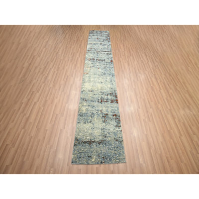 2'6"x12'2" Beige with Mineral Blue, Densely Woven, Abstract with Galaxy Design, Persian Knot, Pure Wool, Hand Knotted, Runner, Oriental Rug