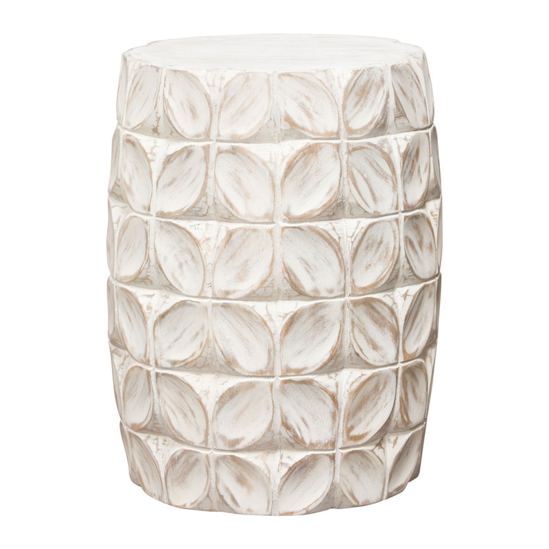 Fig Solid Mango Wood Accent Table In Distressed White Finish W/ Leaf Motif