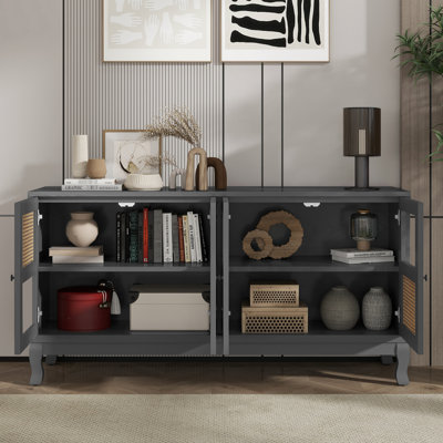 Buffet 4 portes gris industriel - Design rétro avec beaucoup de rangement. Portes attrayantes et en verre pour le vestibule, la salle à manger, la cuisine et le salon. Buffet simple à assembler simple, gris.