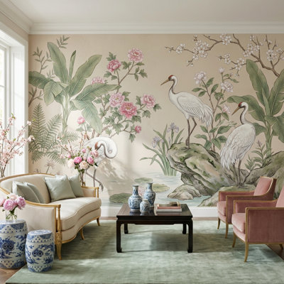 Papier peint mural Cranes, aquarelle et botanique d'inspiration asiatique
