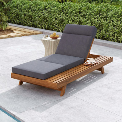 Acacia Wood Chaise Lounge with Headrest and Dark Grey 3-Fold 4-Inch Cushion