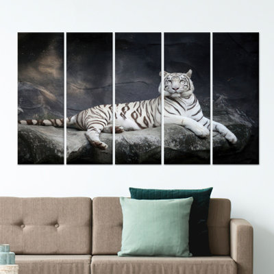 White Tiger Printed Canvas: Minimalist Animal Wall Art, Modern Decor,5P Wrapped Canvas
