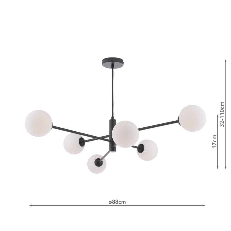 Vignette 6LT PENDANT POL CHR CW GLS 10CM, 127cm H x 80cm W x 80cm D, Matt Black/Opal