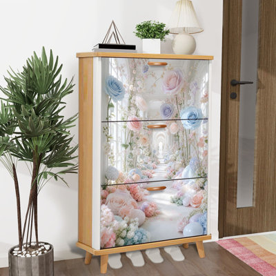 Shoe Storage Cabinet with 3 Flip Drawers for Pastel Floral Ballroom Oversized Roses Soft Natural Light Shoe Rack Storage Organizer