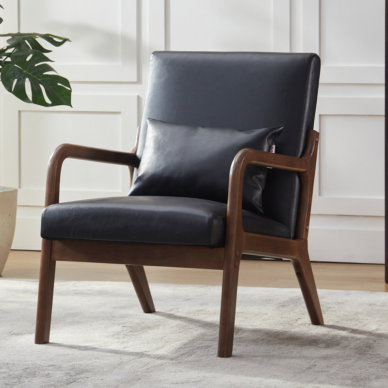 Mid-Century Modern Faux Leather Accent Armchair with Pillow,Vintage Brown, Matte Black/Greenish Brown