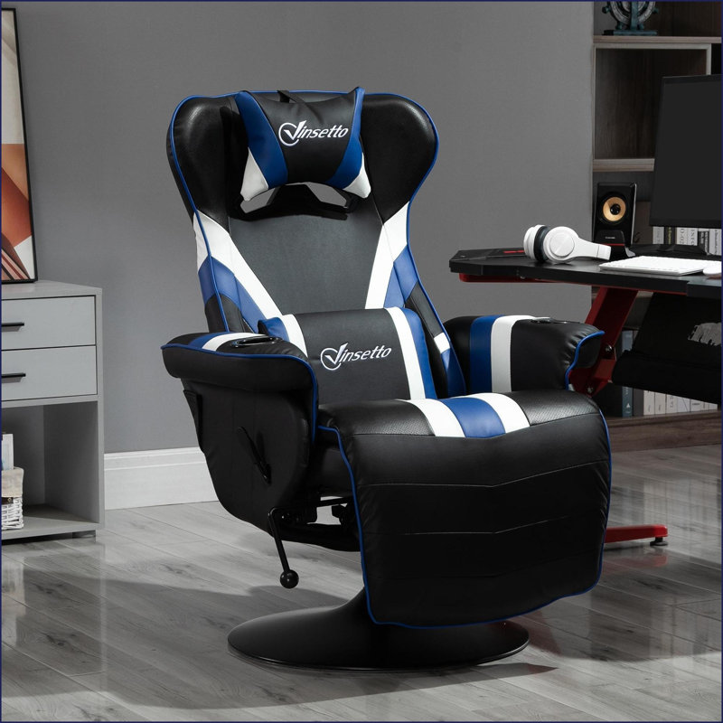 Fauteuil inclinable, de jeu de course avec support lombaire, repose-pieds et amp; Porte-gobelets, noir / blanc / bleu royal | PVC