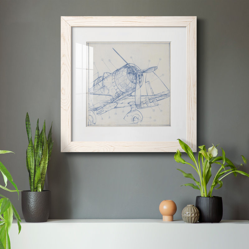 Croquis mécanique d'avion I-Premium, reproduction encadrée - prêt à être accroché, H 35,5 po x l 35,5 po x P 1,5 po, Blanc