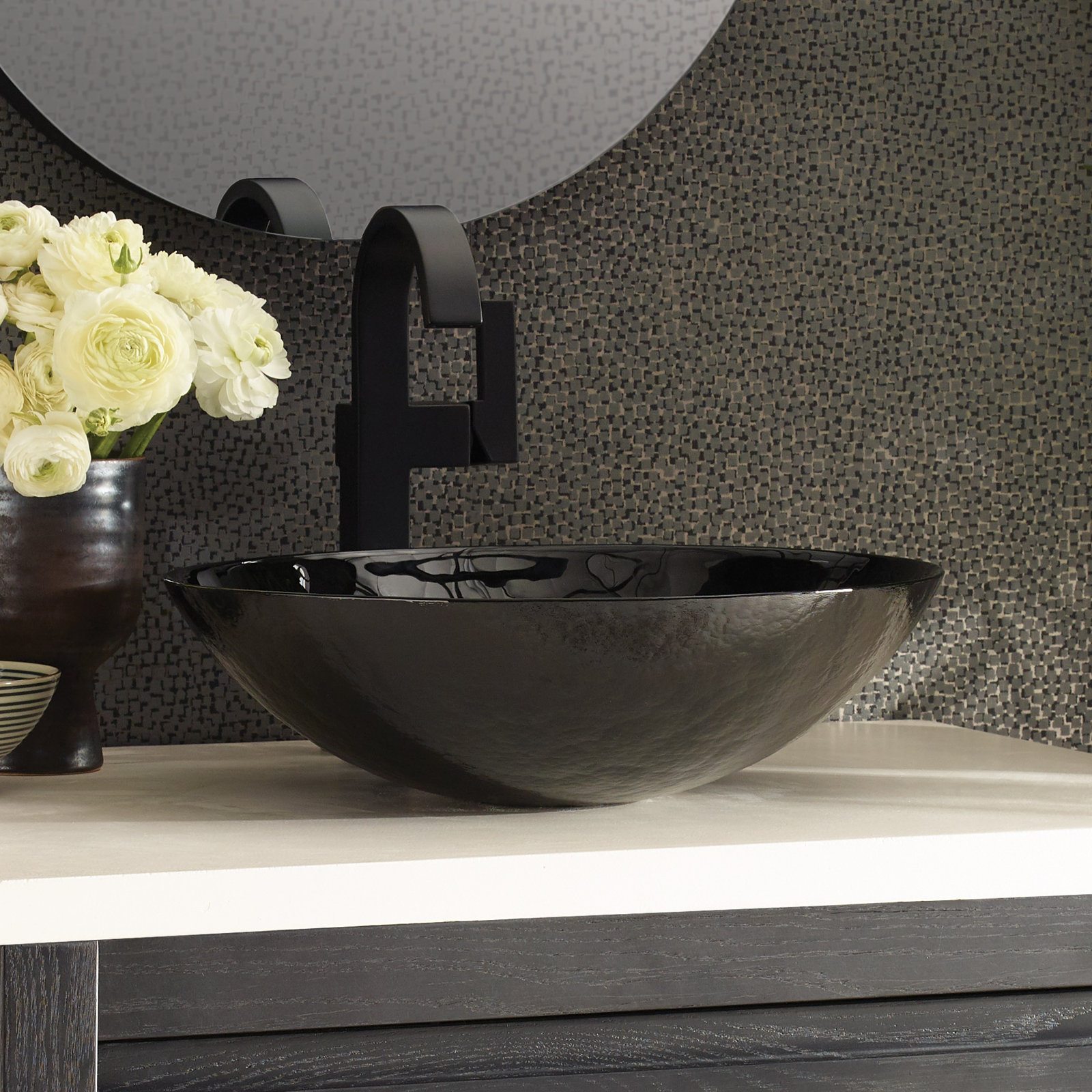 Murano Round Glass Vessel Bathroom Sink, Abyss