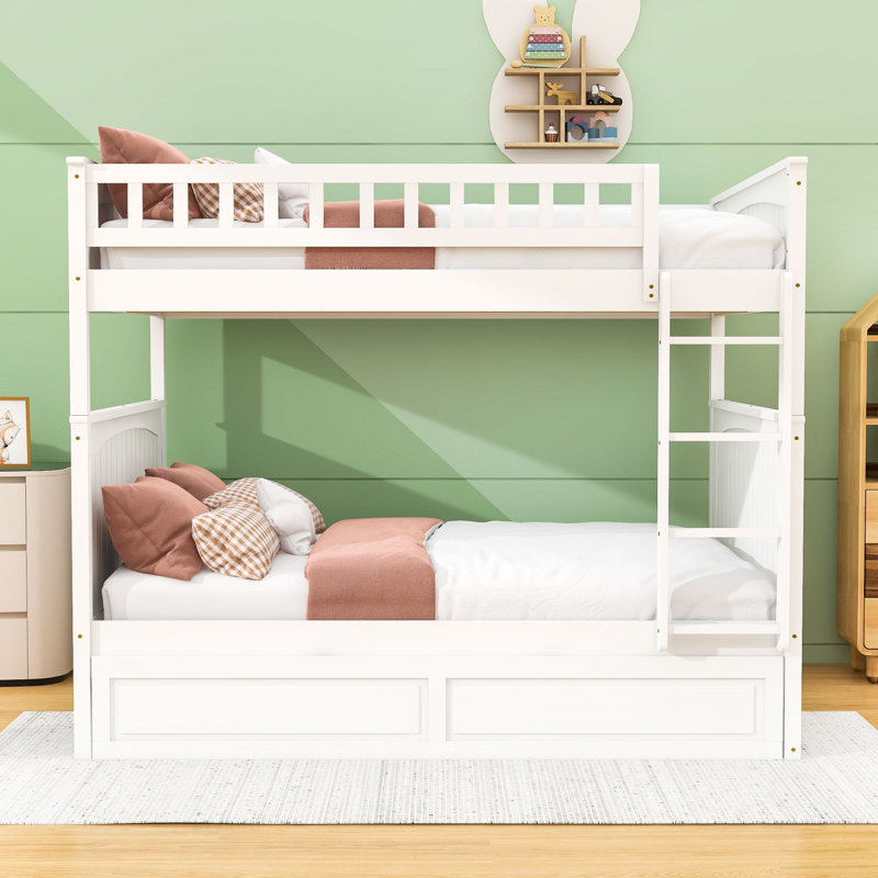 Lit double superposé au dessus d'un lit double avec gigogne simple, Blanc