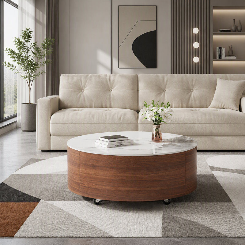 Table basse ronde mobile 29,5 "avec roulettes, plateau en pierre frittée à motif marbré, 2 tiroirs de rangement, table de salon moderne