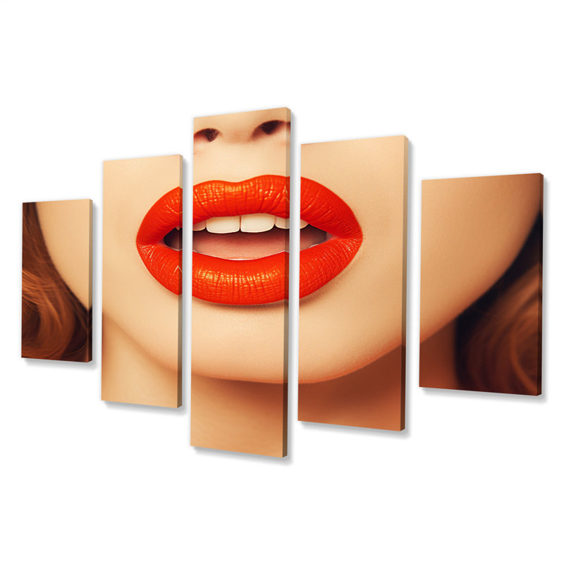 Pout Red Lips Silent Seduction II - reproduction d'art sur toile tendance - 5 panneaux