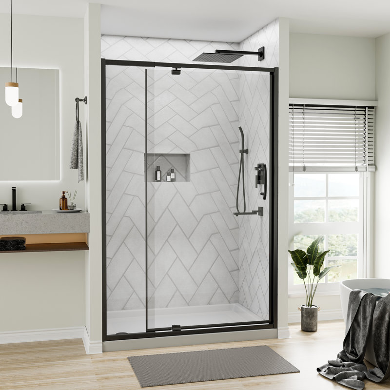 Porte de douche à charnière pivotante avec cadre transparent l 38 à 42 po x H 71 po, Noir mat