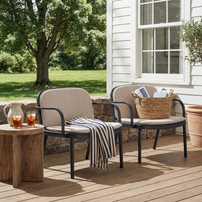 Fauteuil club d'extérieur en polypropylène Luna, structure noire avec coussin beige, ensemble de 2 oui + beige, noir + structure résistante aux rayons UV + coussin résistant à la décoloration + jardin et extérieur + mousse + tissu + plastique