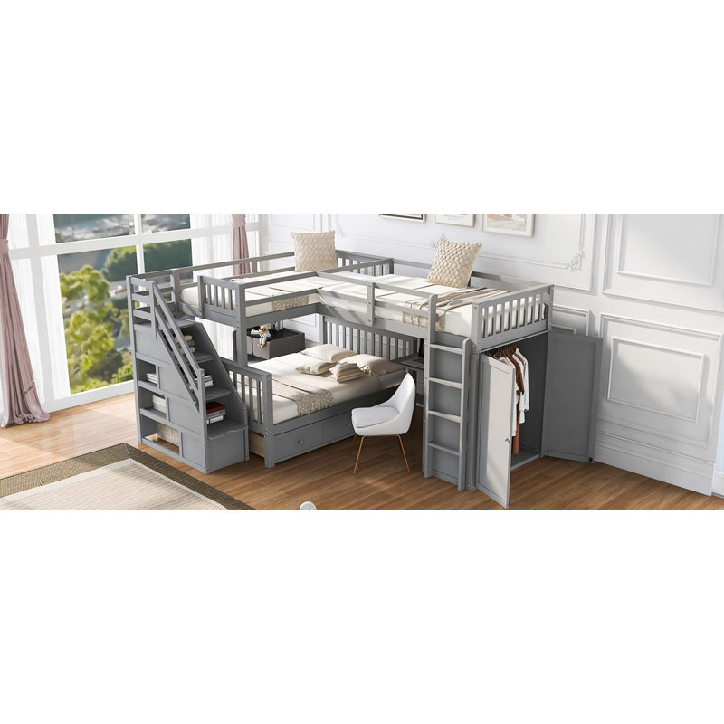 Lit superposé simple en L avec 3 tiroirs, bureau portable et garde-robe, Gris