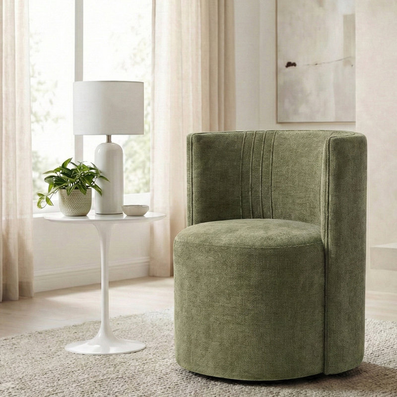 Modern Upholstered Barrel Accent Chair with Rolling Casters, Green