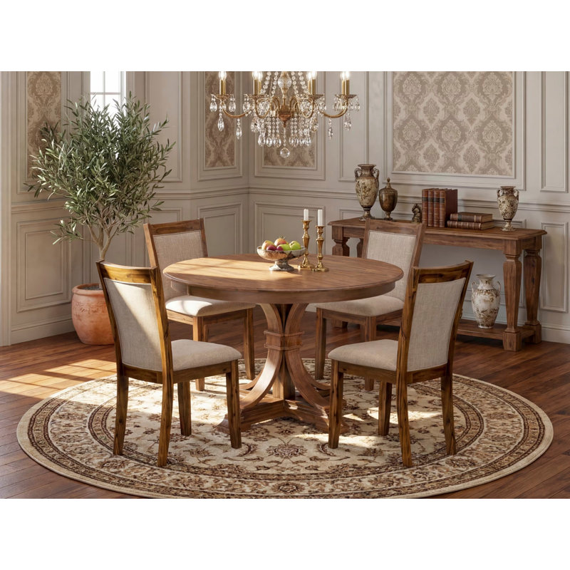L'ensemble de table de cuisine 5 pièces comprend une table de salle à manger à piédestal et 4 chaises de salle à manger en lin brun clair avec dossier rembourré - noyer antique