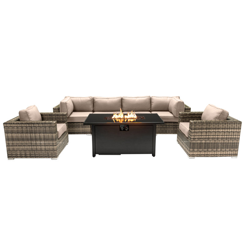 Ensemble de conversation pour 6 personnes avec foyer et coussins Sunbrella Makinleigh LSI, Beige Sunbrella