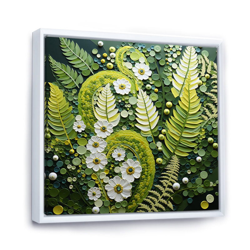 Fougères vert clair plante fantaisiste spirales I - fougères, art mural, H 36 po x l 36 po, Cadre flottant blanc