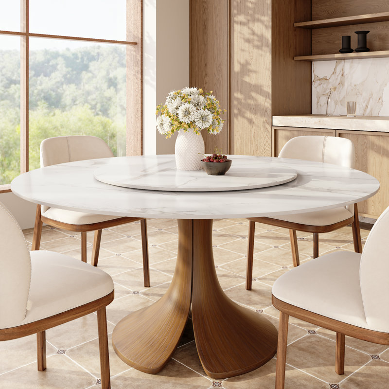 Aurora 53‘’/59‘’ Farmhouse Round Sintered Stone Dining Table With Detachable Lazy Susan - Sculptural Solid Hardwood Pedestal For 4-8