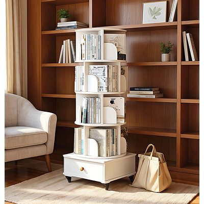 5 Tier Rotating Bookshelf, 360° Display Round Spinning Bookshelf with Wheels and Drawer