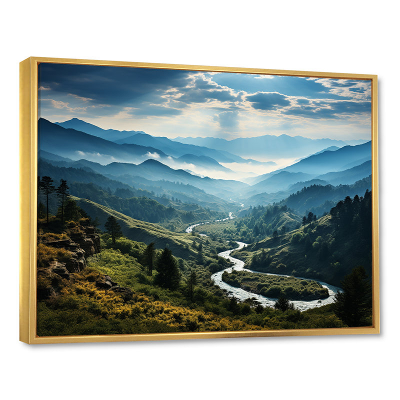 Bleu et vert, paysage de montagne majestueux II, paysage de montagnes, art mural, Cadre flottant doré