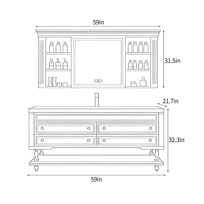 Armoire de salle de bain rétro française, Noir, H 32,3 po x l 59 po x P 21,7 po