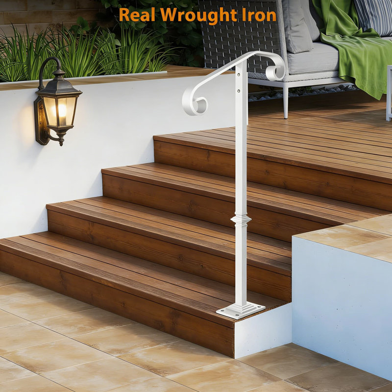Outdoor Stair Handrail For Concrete And Wood Steps, Single Post Wrought Iron Railing With Base Plate, Secure Grab Rail For Porch And Entryway Safety
