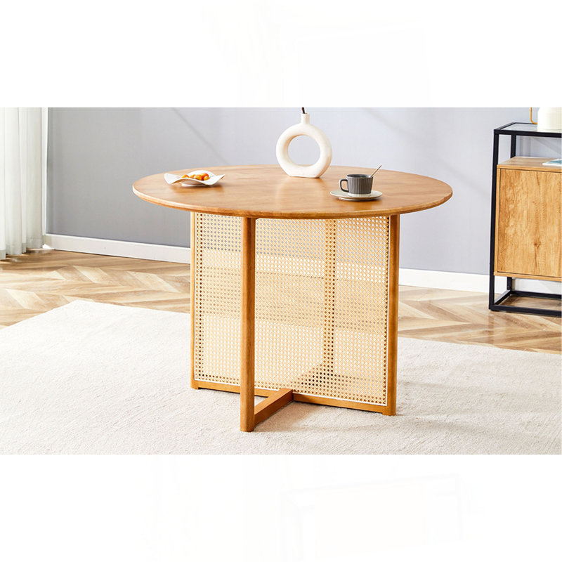 Table ronde rétro en bois chinois, table en imitation rotin simple et moderne, table en bois, bureau. Convient pour la salle à manger, le salon, le bureau