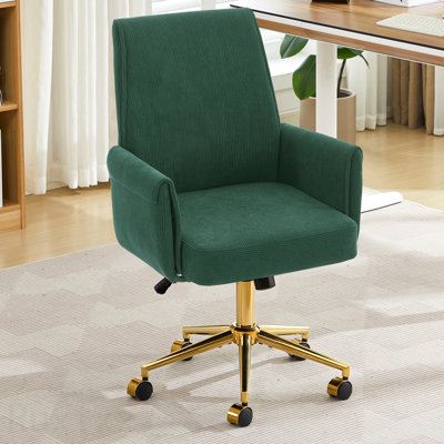 Chaise de bureau ergonomique en velours côtelé avec base en métal plaqué or et coussin en mousse mémoire