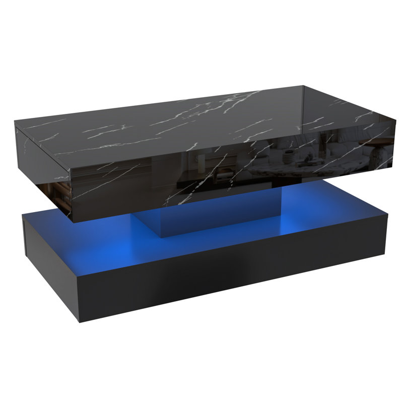 Table basse de 39,4 po moderne à DEL ultrabrillante avec 2 tiroirs de rangement, lumière centrale RVB de contrôle APP, imperméable et résistante aux égratignures
