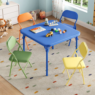 Ensemble de table pliante pour enfants et 4 chaises - Mobilier d'activités carré rembourré avec coussins en polyuréthane doux, structure en métal, coloré (bleu, orange, vert, jaune), idéal pour la salle de jeux, la chambre de bébé, la garderie, l'apprentissage