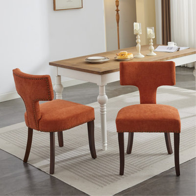 Ensemble de chaises de salle à manger de style Mid-Century moderne, ensemble de 2 chaises d'appoint rembourrées en tissu de lin ferme avec dossier en cuivre, chaises de cuisine avec cadre en bois franc, orange