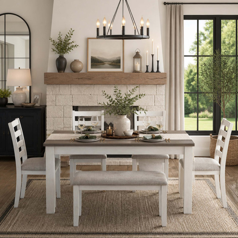 Solid Wood Top Dining Set, Brown+Whitewash / Whitewash, Brown+Whitewash