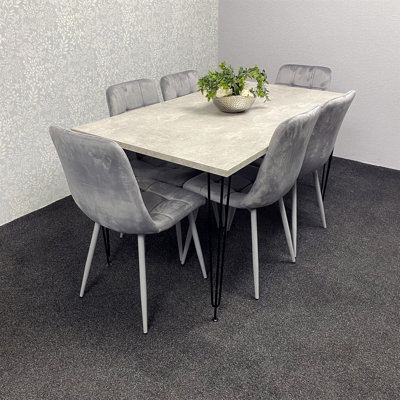 Grey Dining Table with Hairpin Legs & 6 Velvet Chairs (75cm)