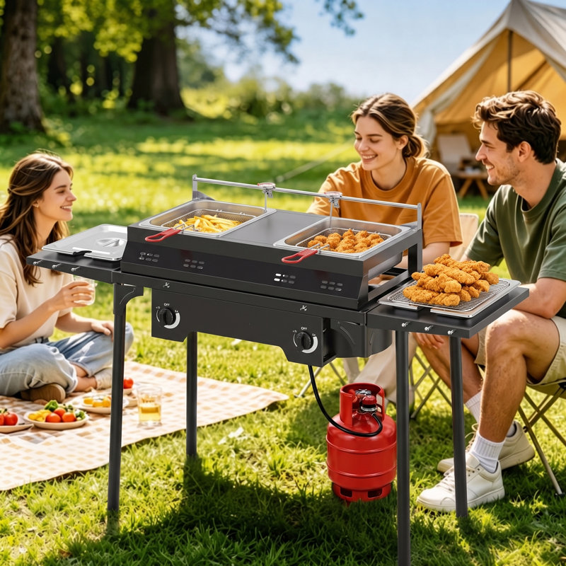 2 Burner Outdoor Propane Camp Stove, 150,000 BTU Portable Gas Cooker with 4 Wheels for Backyard, Camping & Outdoor Cooking
