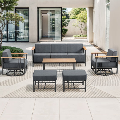 Ensemble de patio 6 pièces en osier toutes saisons avec canapé 3 places, 2 chaises pivotantes et table basse