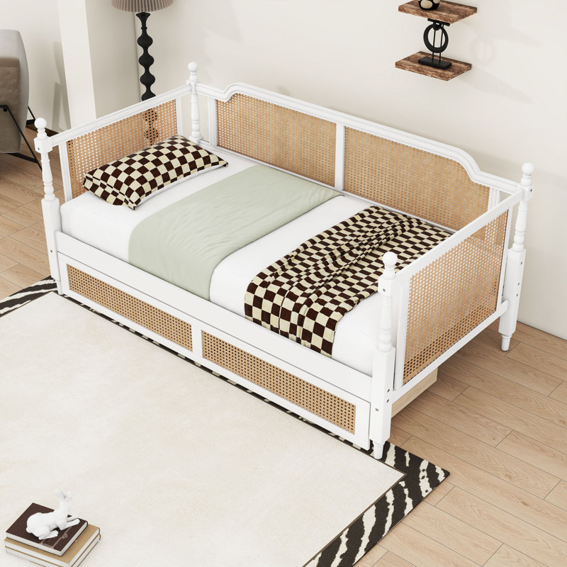  Lit de jour en bois avec tête de lit et tiroir, Lit simple, Blanc antique