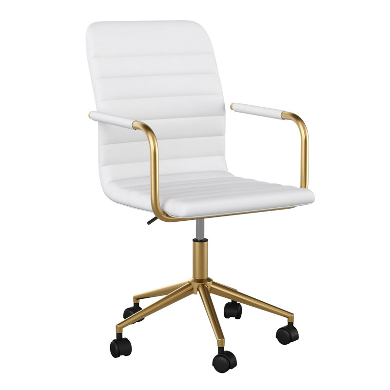 White Faux Leather Executive Swivel Office Chair with Brass Frame