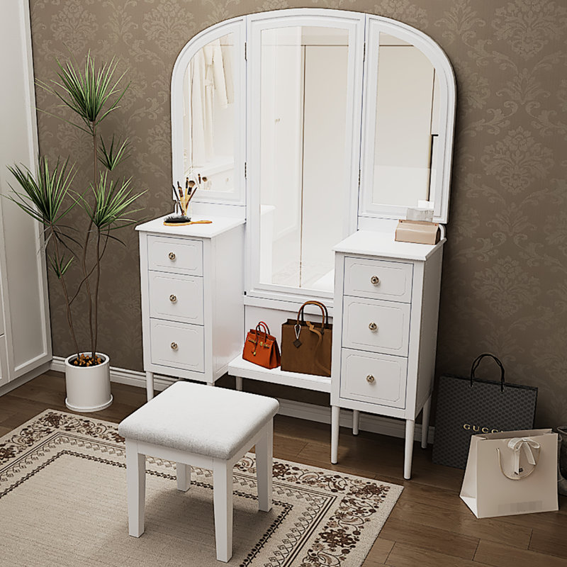 Antique Style Makeup Vanity With Triple Mirror, 6 - Drawer Storage Solution, Comfortable Stool And Full Length Mirror For Bedroom White Drawers, Upholstered Comfort Dressing