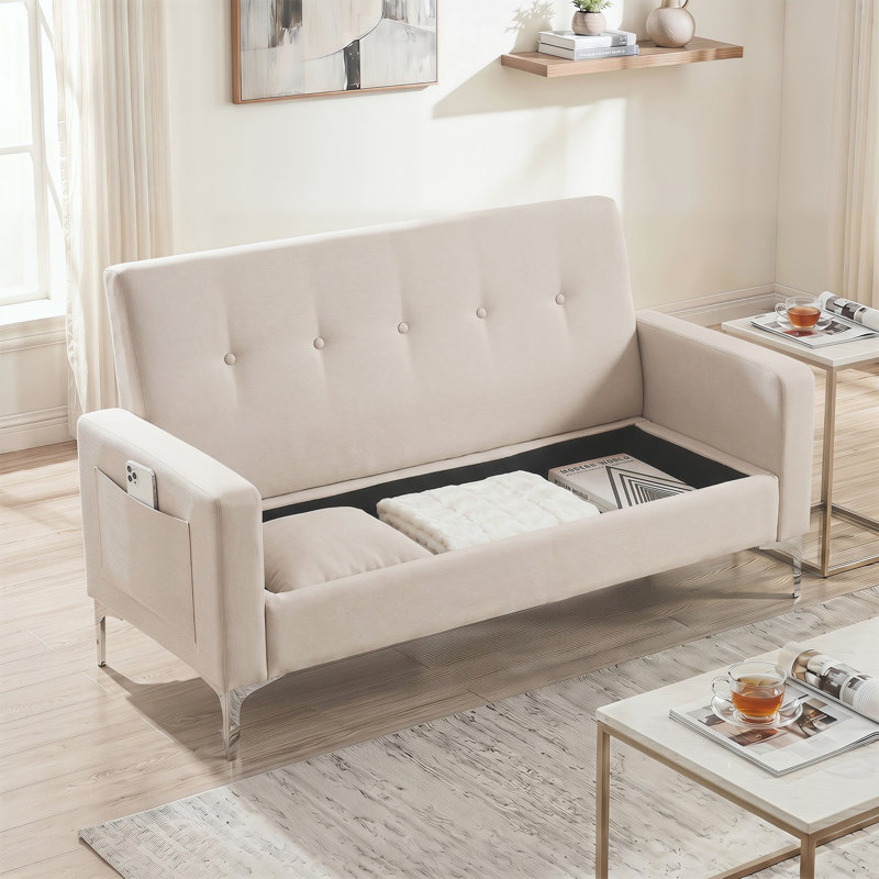 Canapé double 57 po avec rangement, Beige Fabric