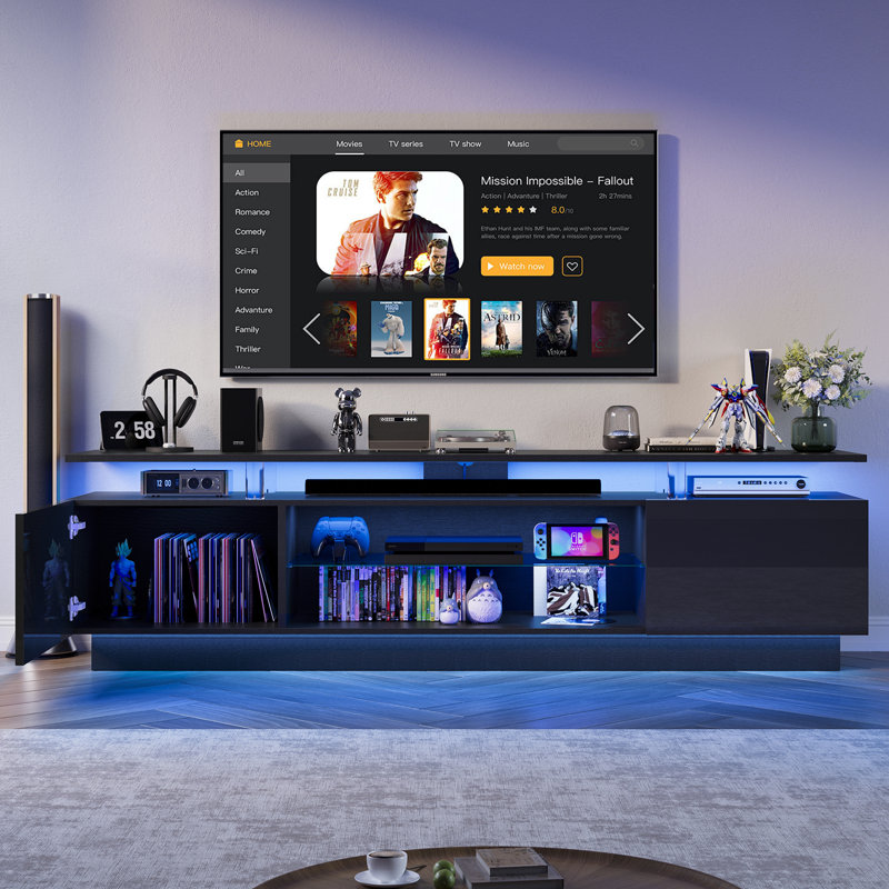 Meuble télé 70 po pour téléviseur de 80 po ou moins, console multimédia moderne avec lumière DEL RVB et station de charge intégrée, grand espace de rangement